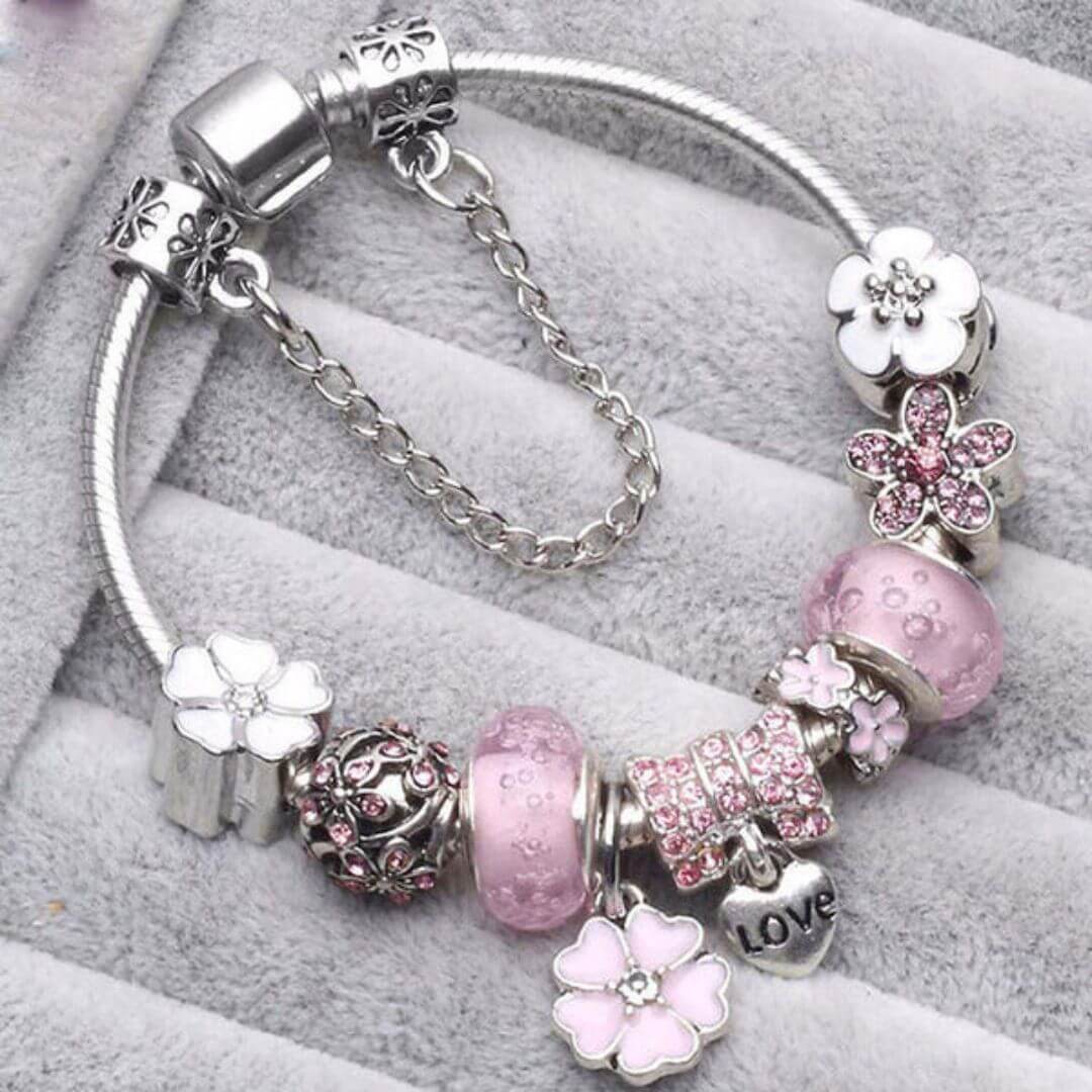 Pink Flower Love Charm Bracelet - Diane Jewelry