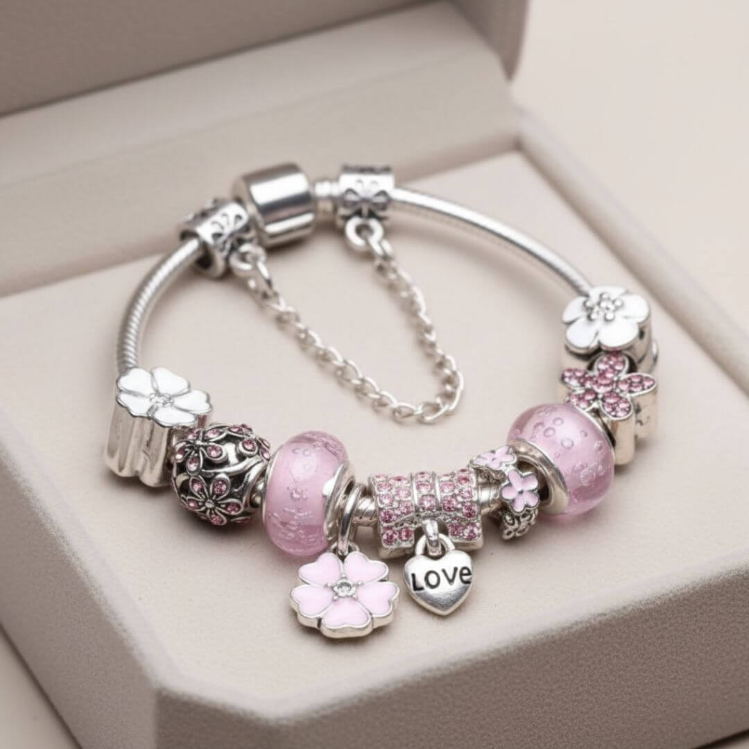 Pink Flower Love Charm Bracelet Emma & Noah Jewelry