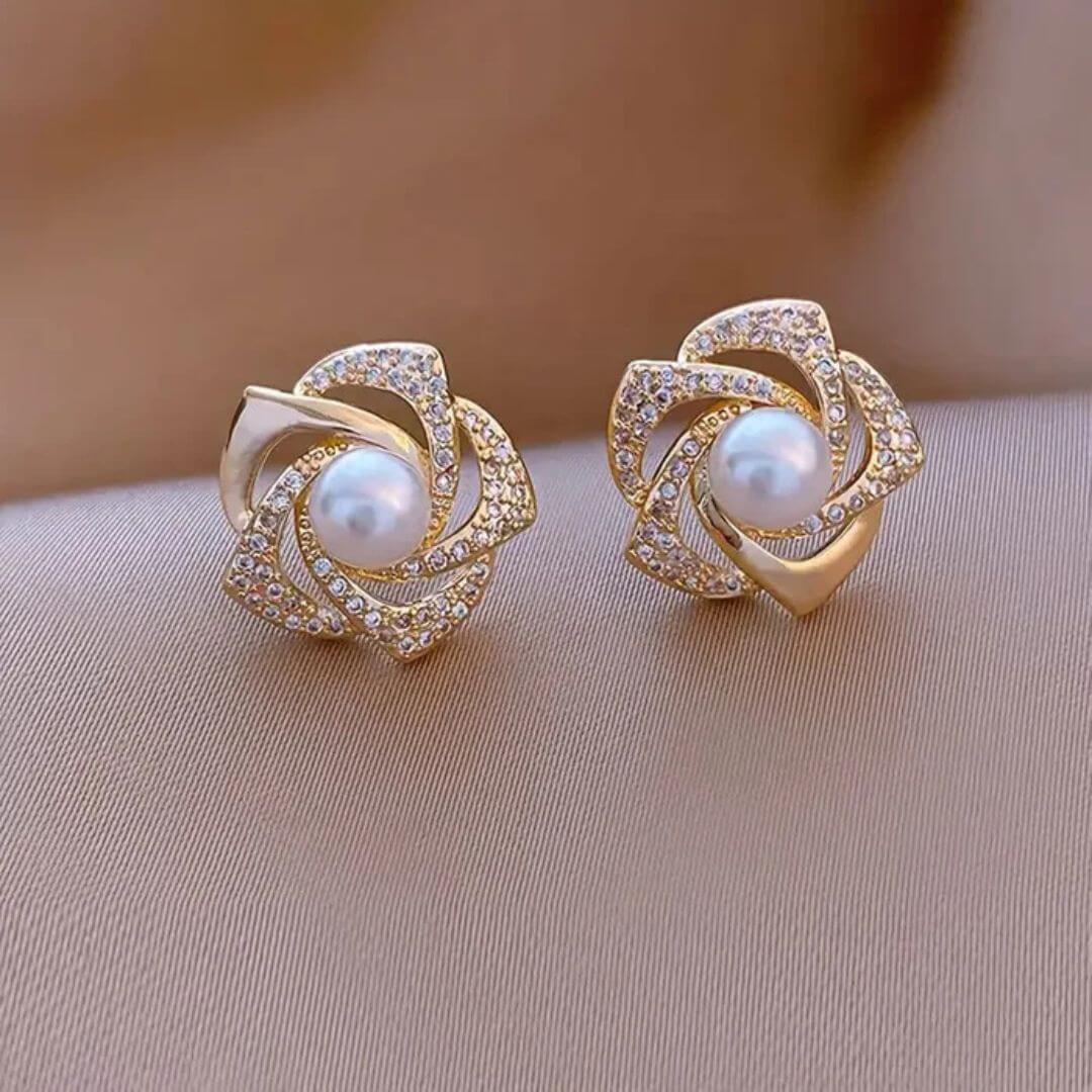 Gold Crystal Pearl Flower Earrings - Diane Jewelry