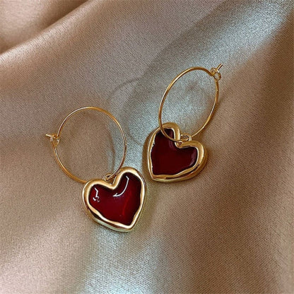 Red Heart Gold Hoop Earrings - Diane Jewelry