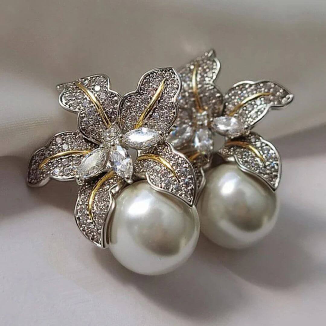 Floral Pearl Crystal Stud Earrings - Diane Jewelry