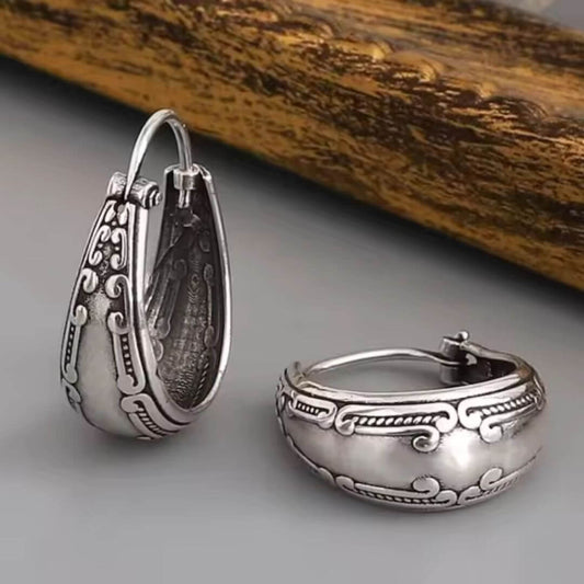 Vintage Etched Sterling Silver Hoops - Diane Jewelry