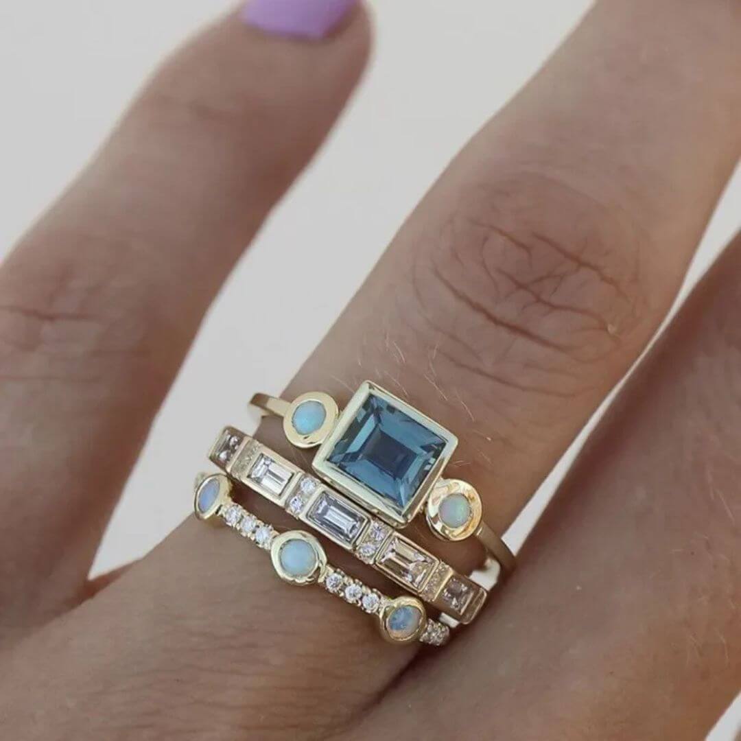 Gold Blue Crystal Ring Set - Diane Jewelry