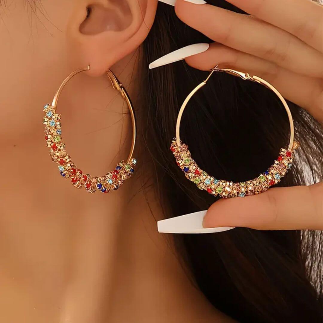 Rainbow Crystal Gold Hoop Earrings - Diane Jewelry