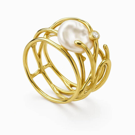 Gold Cage Baroque Pearl Ring - Diane Jewelry