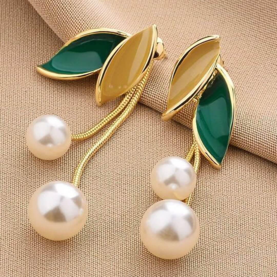Leaf Pearl Long Drop Earrings - Diane Jewelry