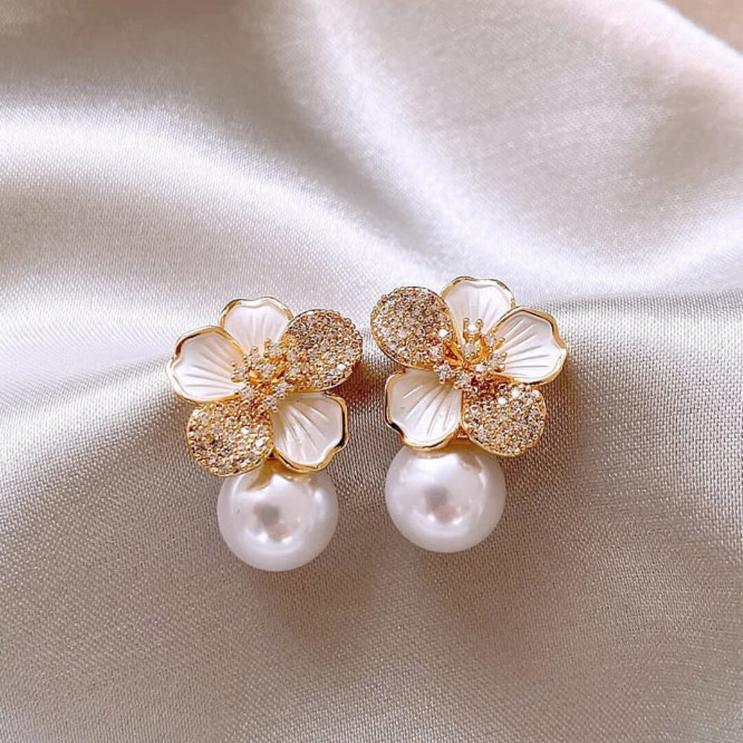 Crystal Flower Pearl Drop Earrings - Diane Jewelry