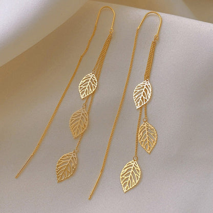 Long Dangle Leaf Chain Earrings - Diane Jewelry
