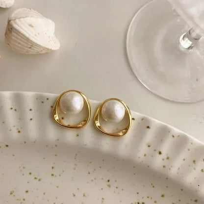 Gold Irregular Pearl Stud Earrings - Diane Jewelry