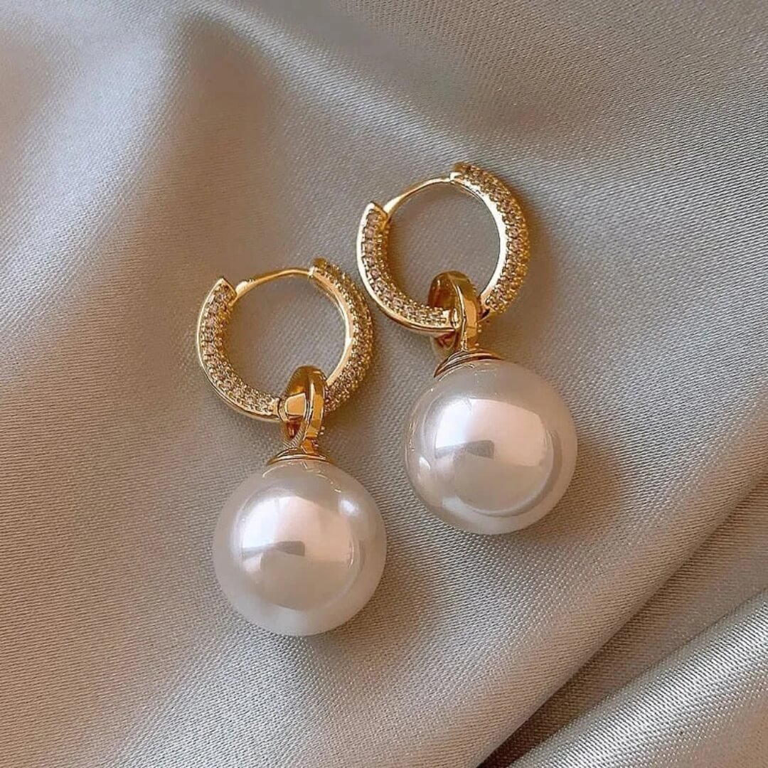 Gold Pearl Drop Hoop Earrings - Diane Jewelry