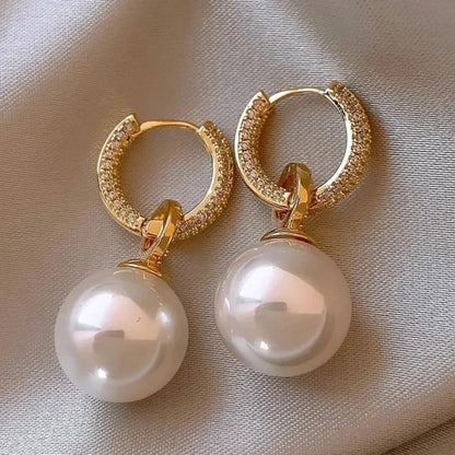 Gold Pearl Drop Hoop Earrings - Diane Jewelry
