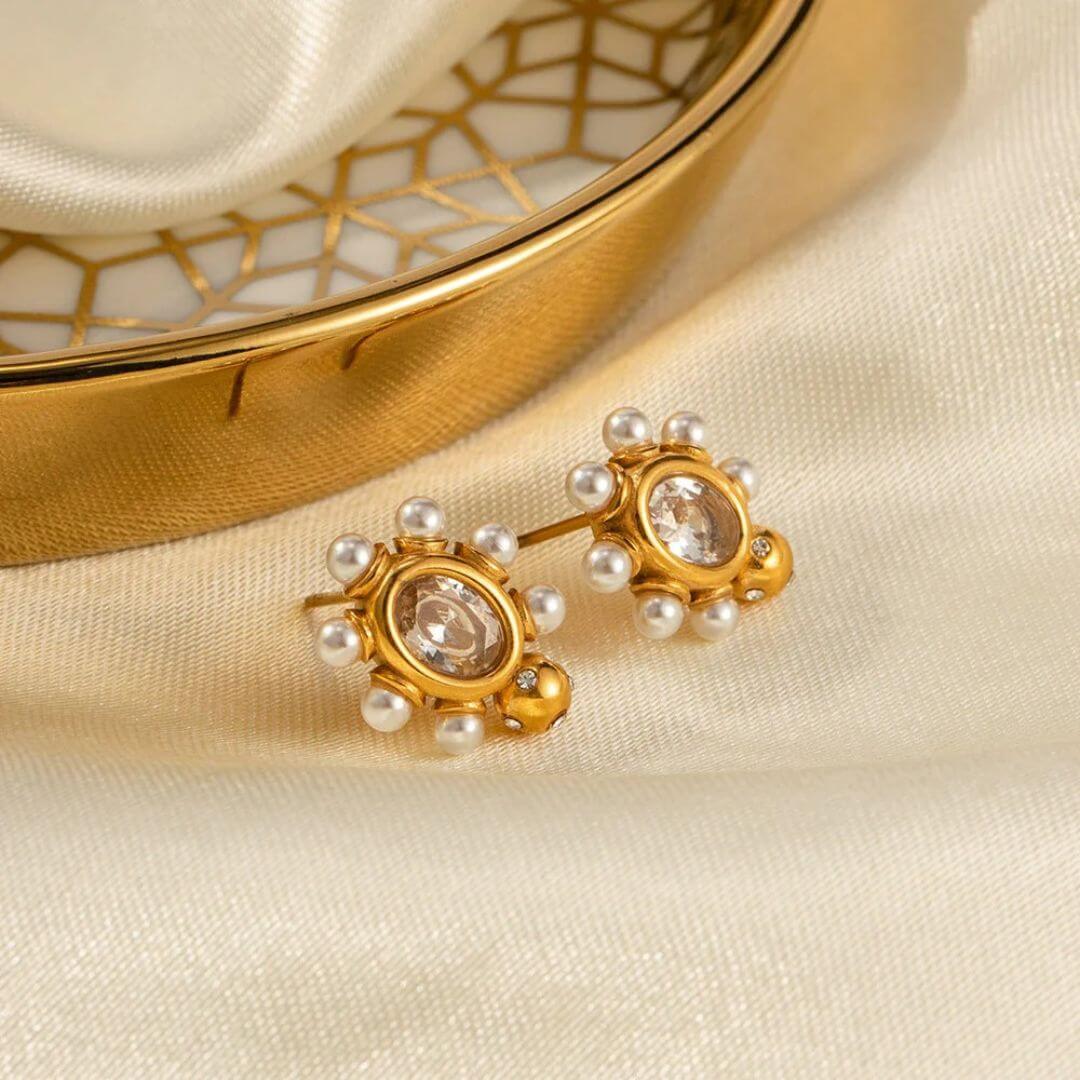 Gold Pearl Ethnic Stud Earrings - Diane Jewelry