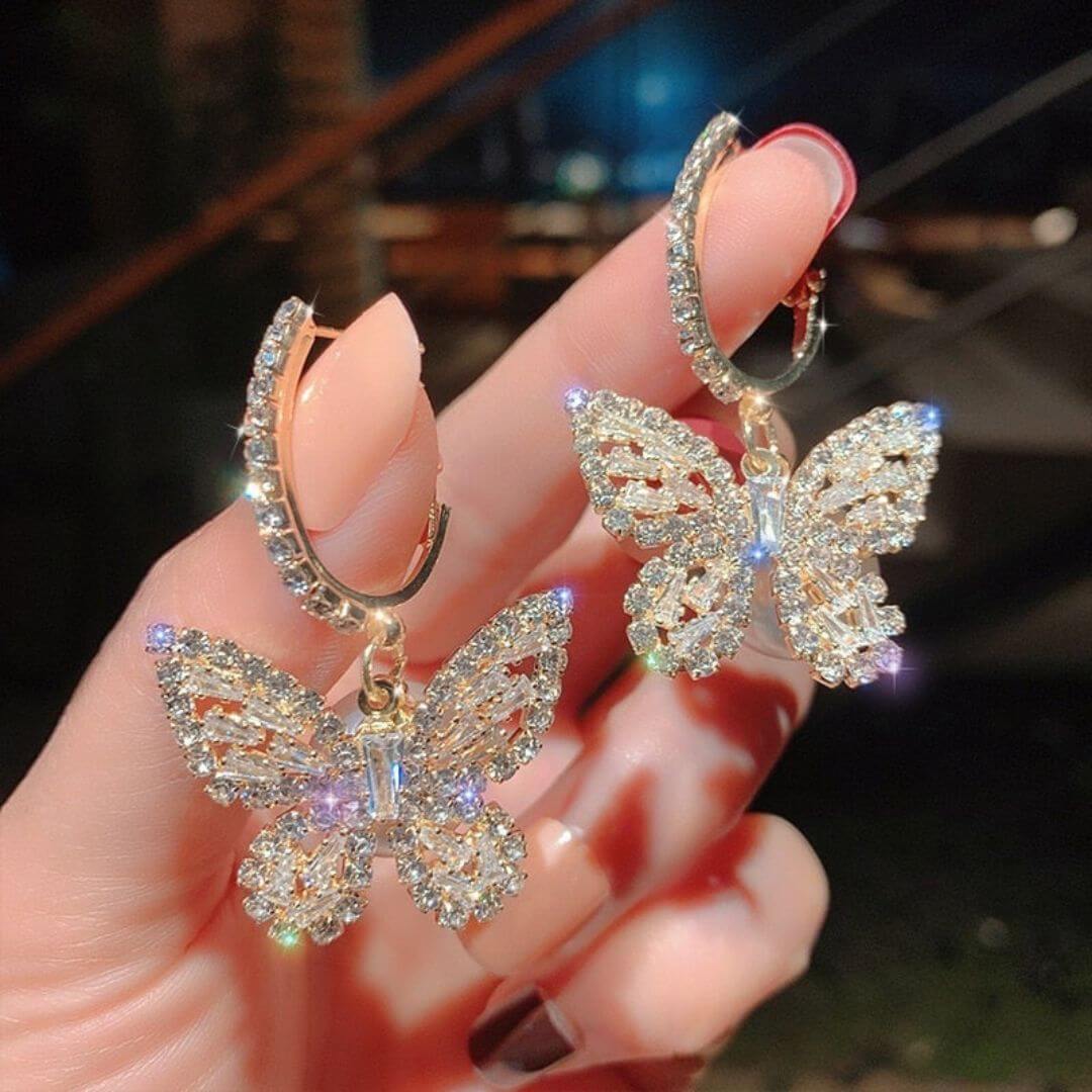 Crystal Butterfly Gold Drop Earrings - Diane Jewelry
