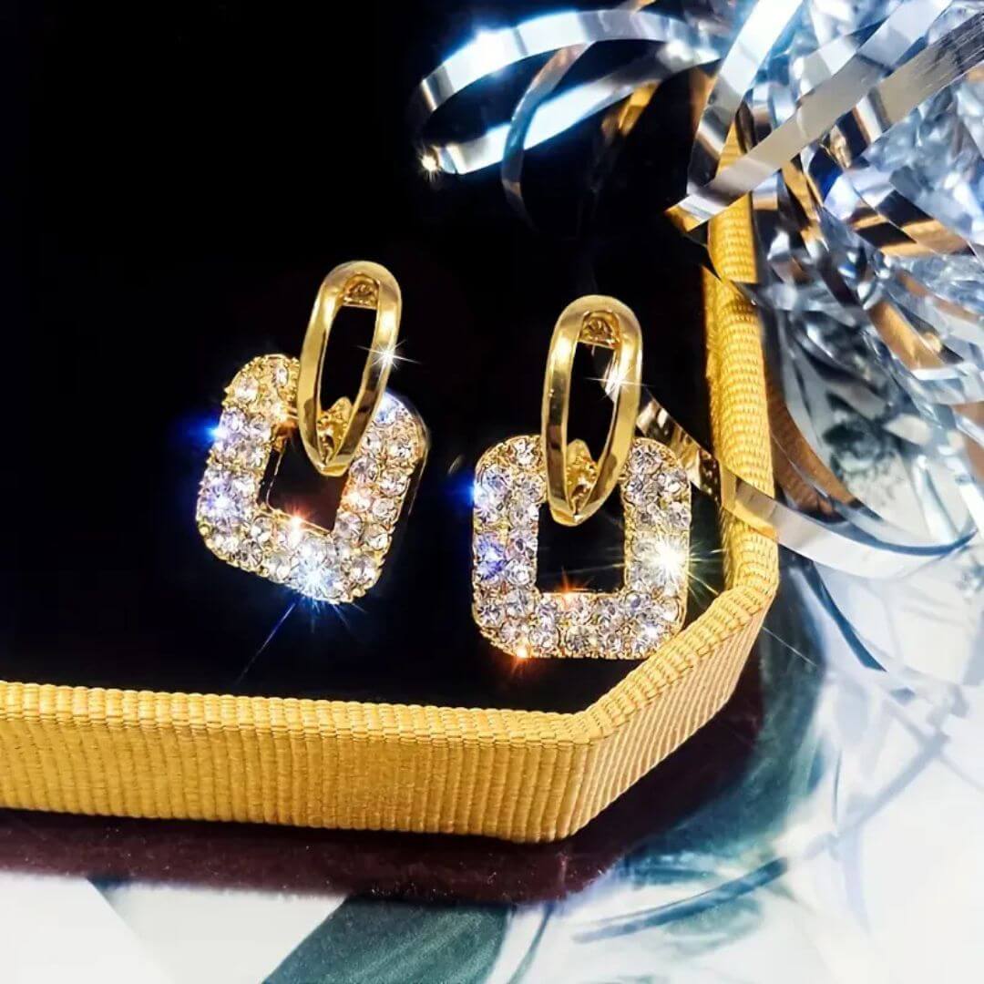 Gold Rhinestone Square Drop Earrings - Diane Jewelry