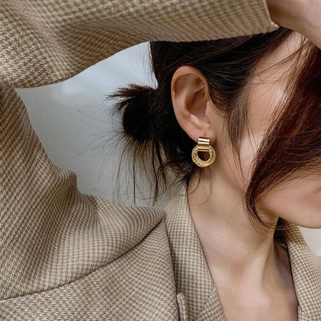 Textured Gold Circle Drop Earrings - Diane Jewelry