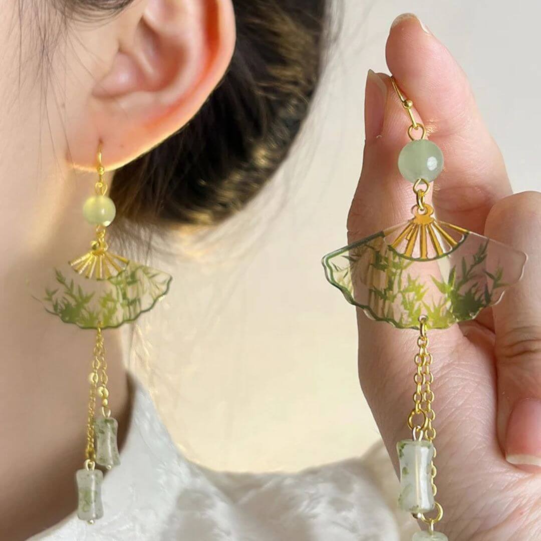 Green Jade Fan Drop Earrings - Diane Jewelry