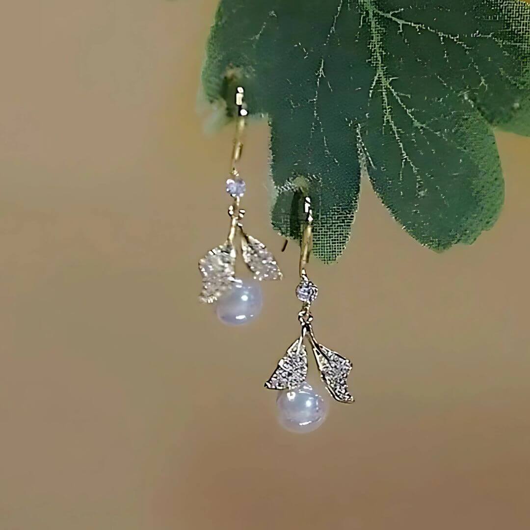 Gold Leaf Pearl Drop Earrings - Diane Jewelry