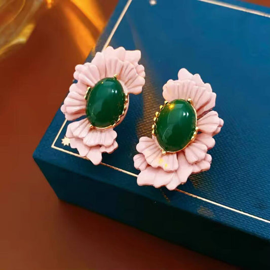 Pink Flower Green Stone Earrings - Diane Jewelry