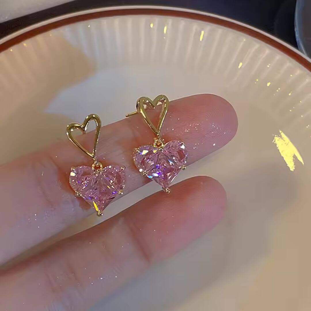Pink Heart Crystal Drop Earrings - Diane Jewelry