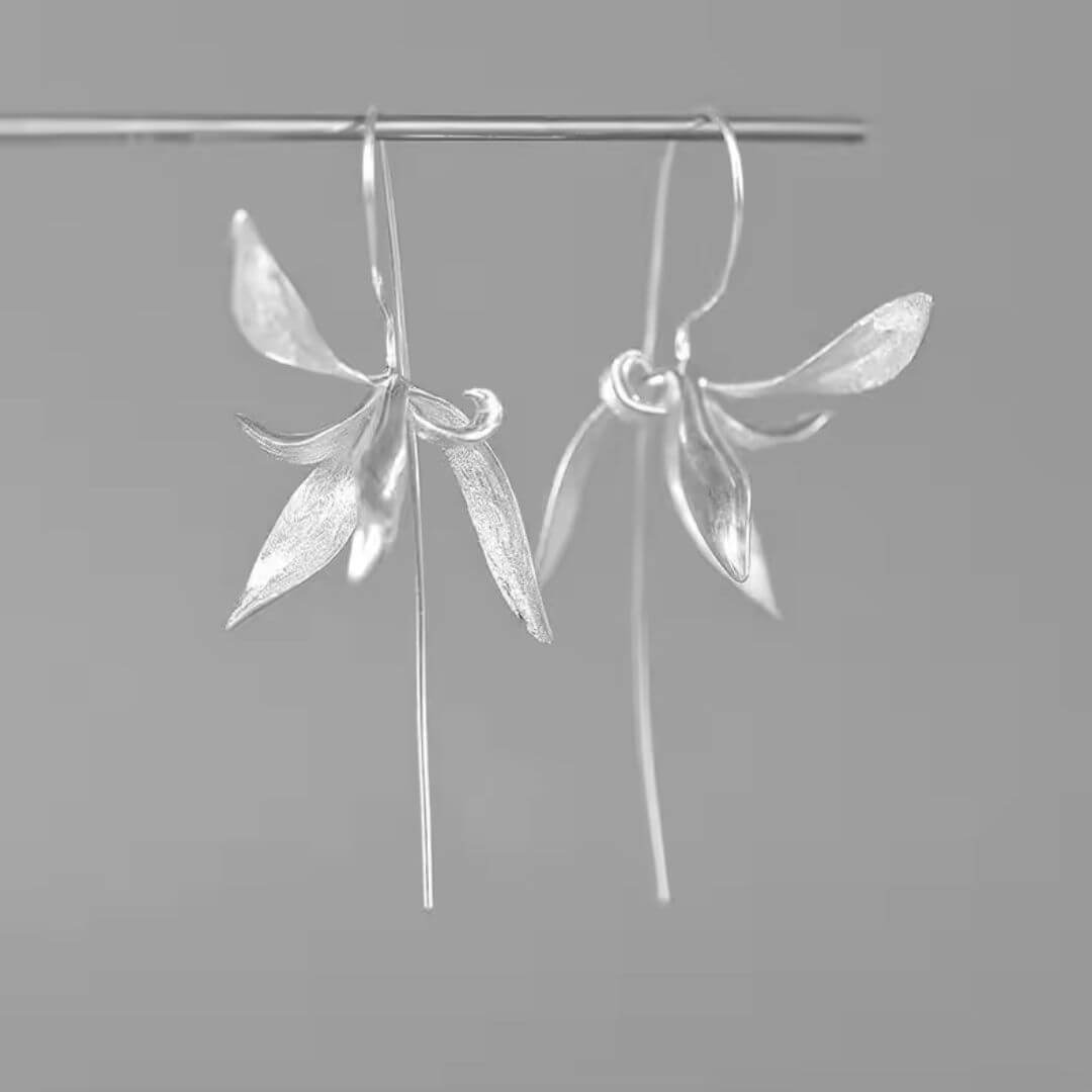 Silver Orchid Flower Drop Earrings - Diane Jewelry