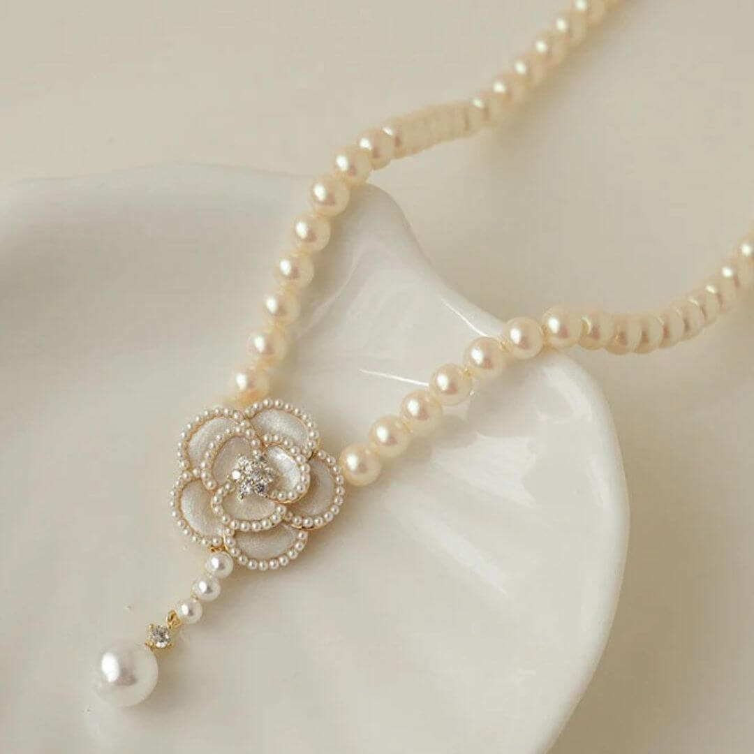 Pearl Flower Drop Choker Necklace - Diane Jewelry