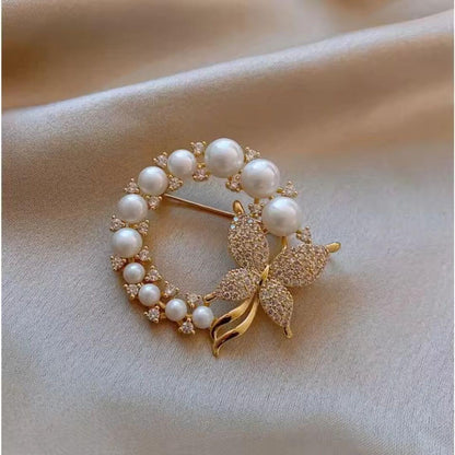 Pearl Butterfly Circle Brooch Pin - Diane Jewelry