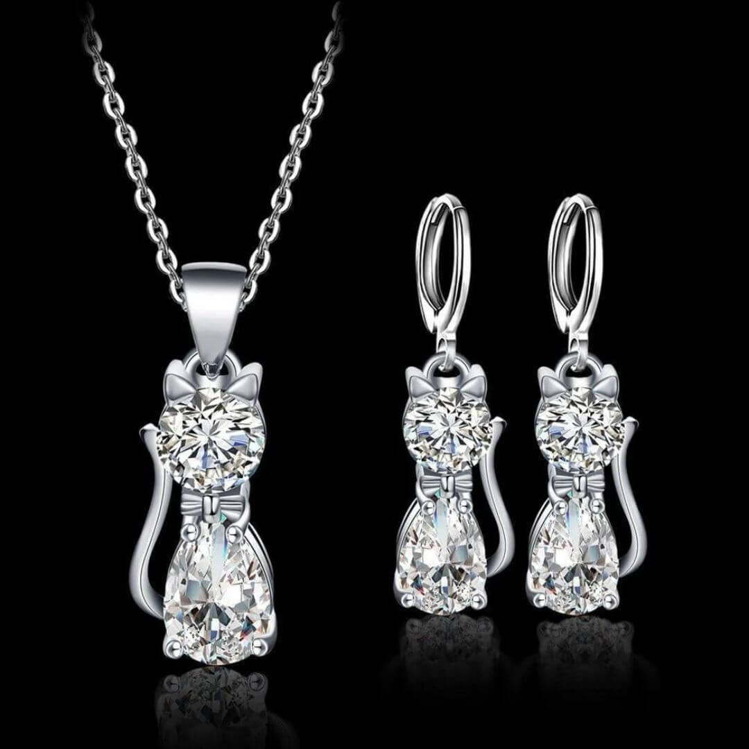 Crystal Cat Necklace Earring Set - Diane Jewelry