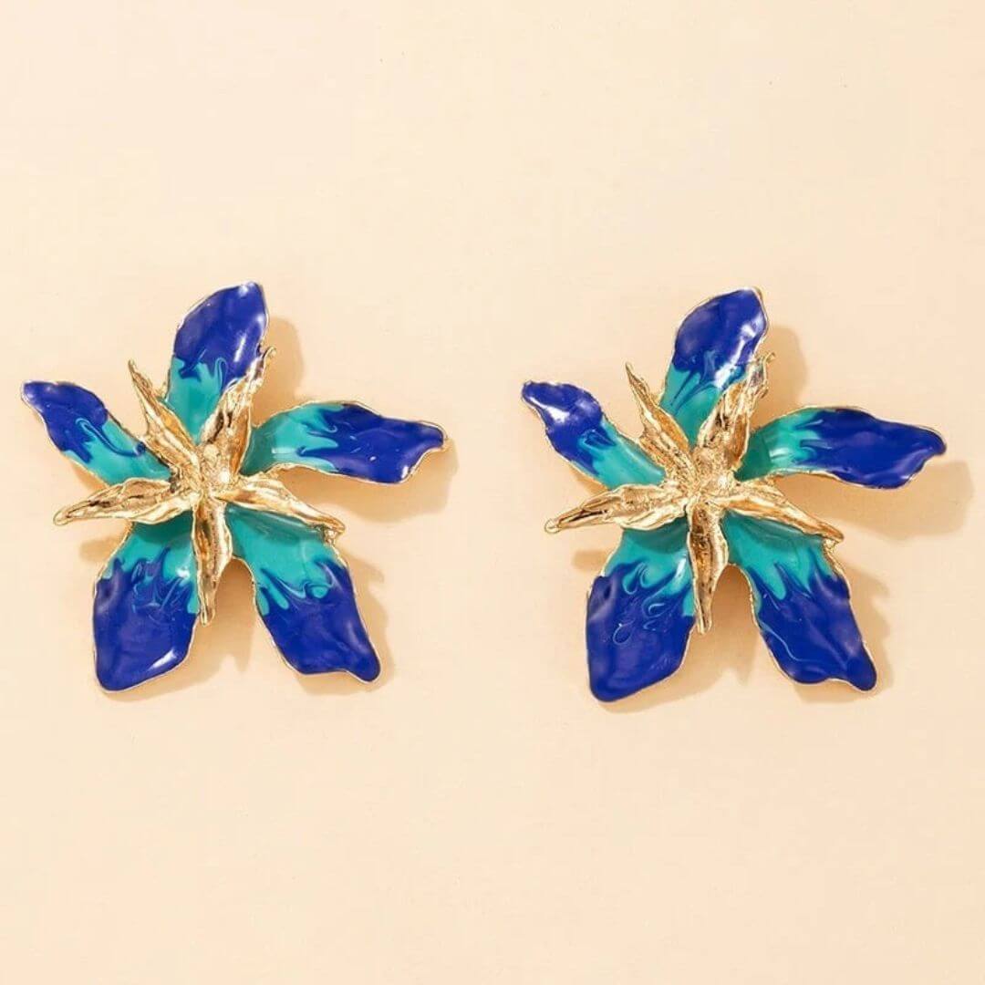 Blue Enamel Flower Statement Earrings - Diane Jewelry