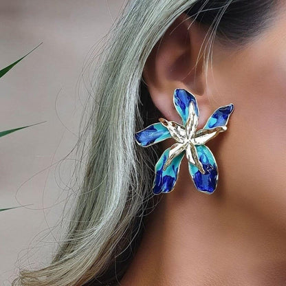 Blue Enamel Flower Statement Earrings - Diane Jewelry