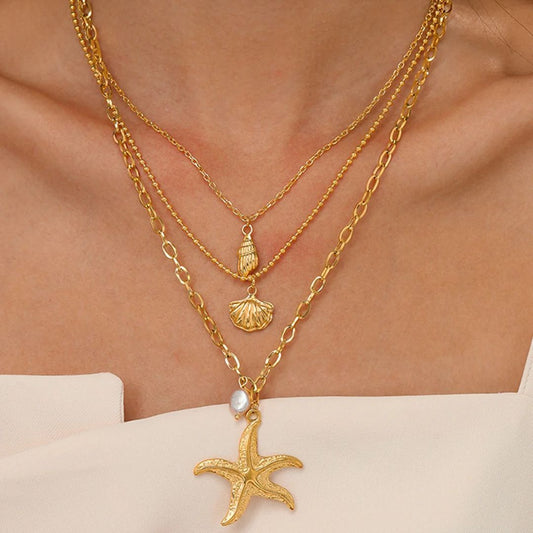 Gold Layered Starfish Shell Necklace - Diane Jewelry