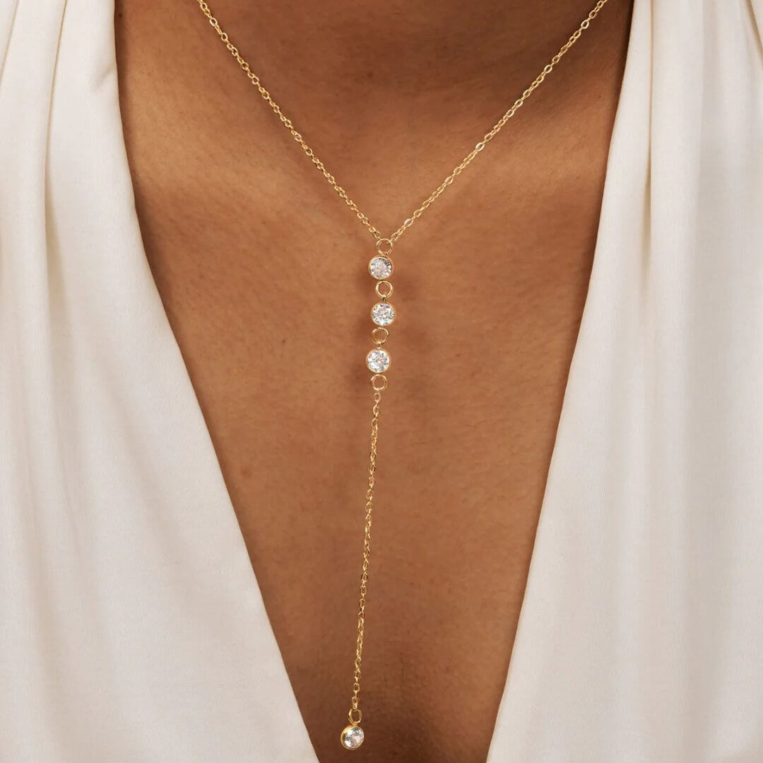 Gold Crystal Drop Lariat Necklace - Diane Jewelry