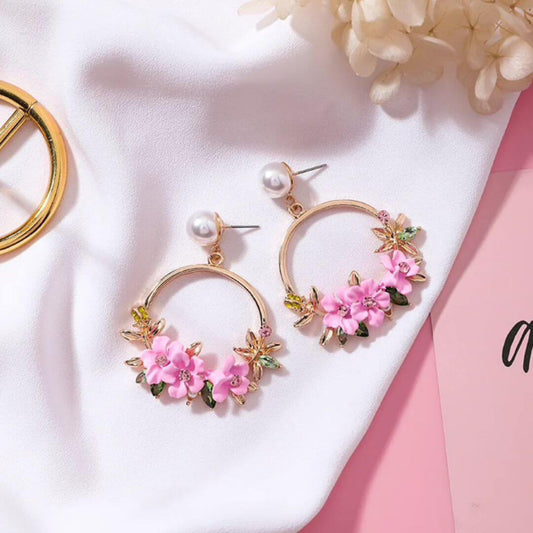 Pink Floral Pearl Hoop Earrings - Diane Jewelry