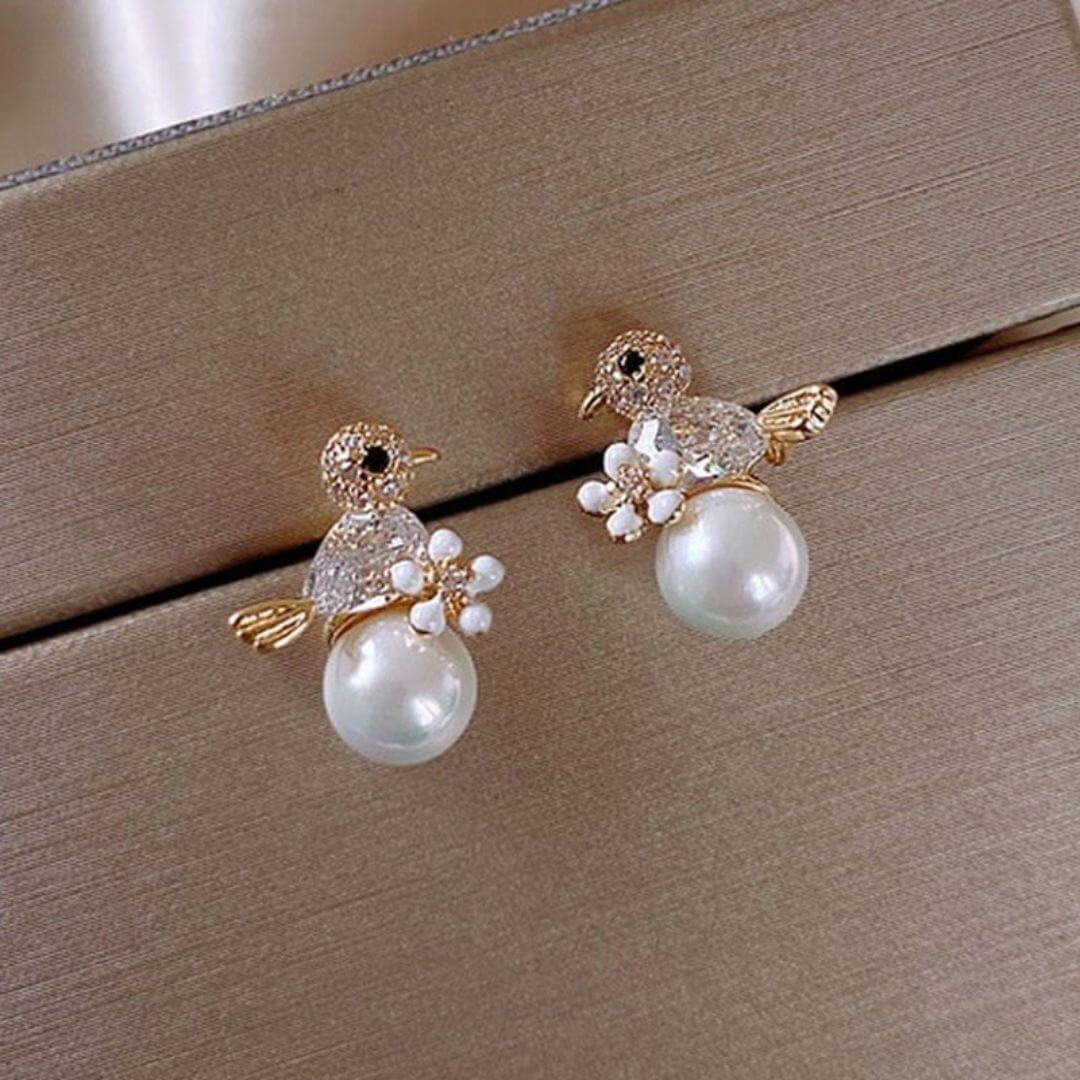 Crystal Bird Pearl Stud Earrings - Diane Jewelry