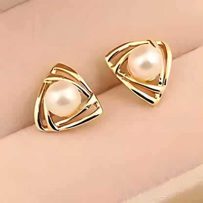 Gold Triangle Pearl Stud Earrings - Diane Jewelry
