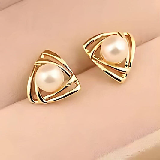 Gold Triangle Pearl Stud Earrings - Diane Jewelry