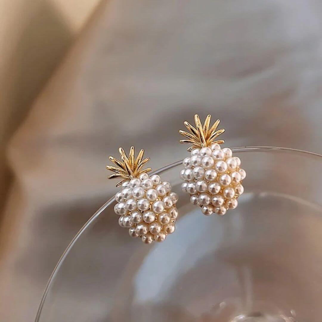 Gold Pineapple Pearl Statement Earrings - Diane Jewelry
