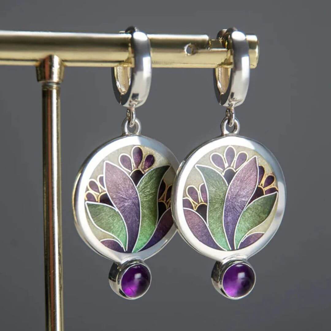 Floral Enamel Purple Drop Earrings - Diane Jewelry
