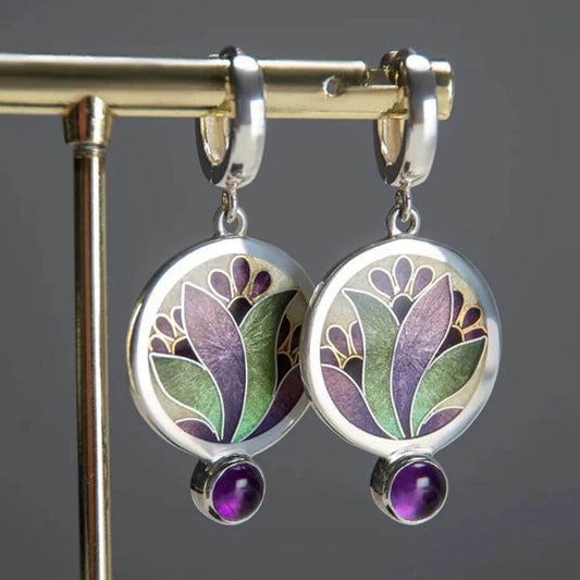Floral Enamel Purple Drop Earrings - Diane Jewelry