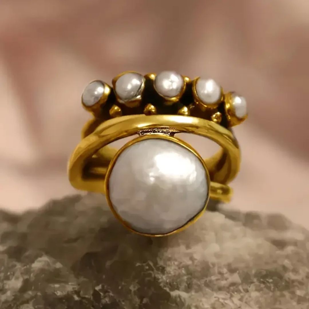 Gold Crown Pearl Statement Ring - Diane Jewelry