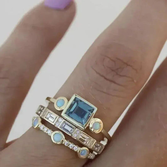 Gold Opal Blue Stacking Rings - Diane Jewelry