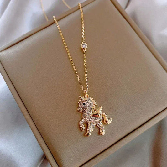 Gold Crystal Unicorn Pendant Necklace - Diane Jewelry