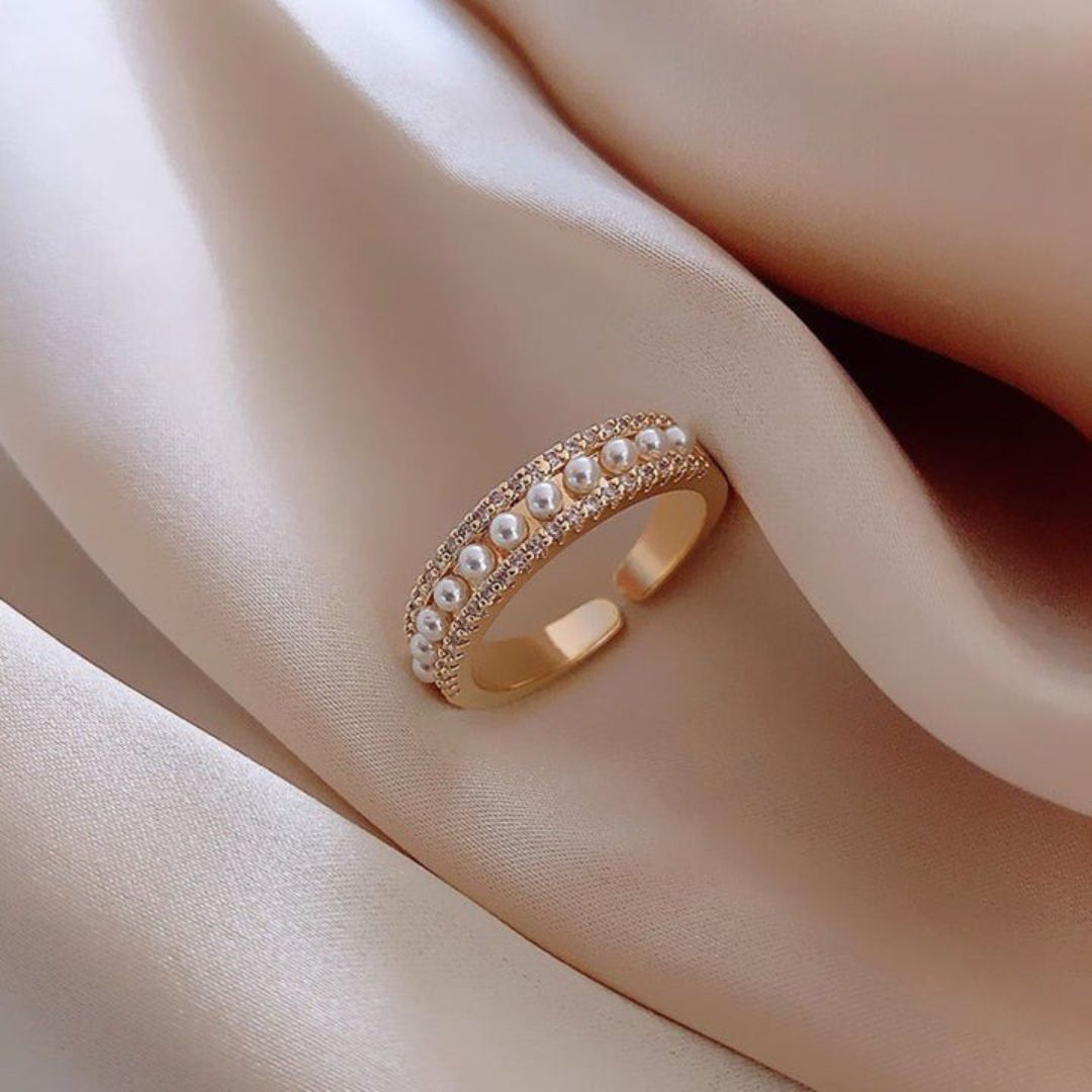 Gold Pearl Rhinestone Band Ring - Diane Jewelry