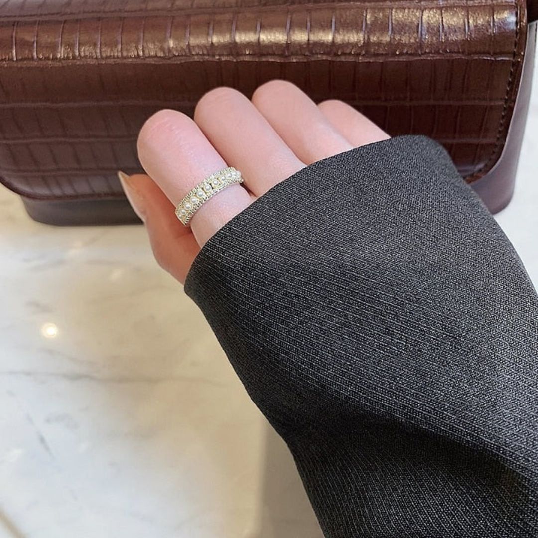 Gold Pearl Rhinestone Band Ring - Diane Jewelry