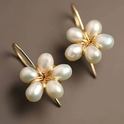 Gold Pearl Flower Drop Earrings - Diane Jewelry