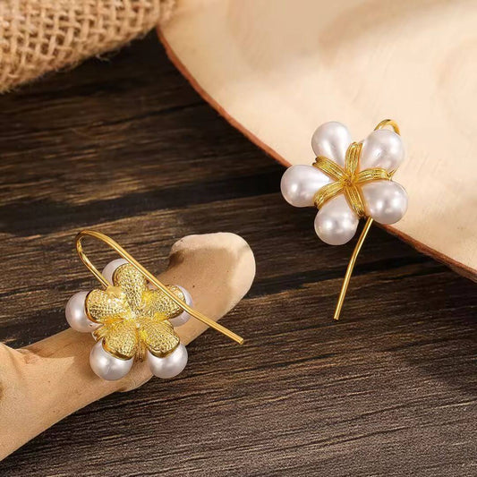 Gold Pearl Flower Drop Earrings - Diane Jewelry