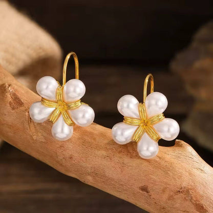 Gold Pearl Flower Drop Earrings - Diane Jewelry