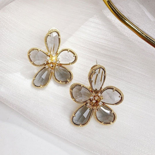 Crystal Flower Gold Statement Earrings - Diane Jewelry