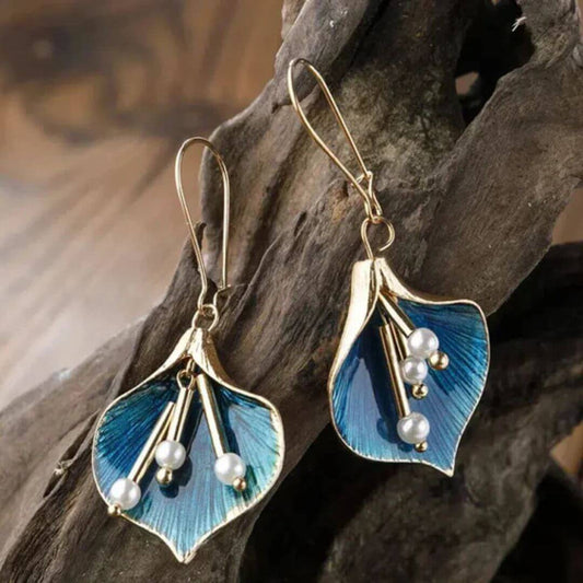Blue Floral Pearl Drop Earrings - Diane Jewelry