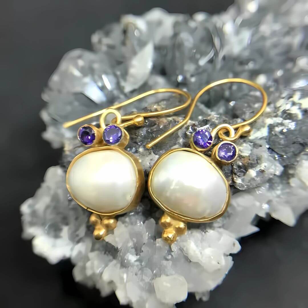 Pearl Amethyst Gold Drop Earrings - Diane Jewelry