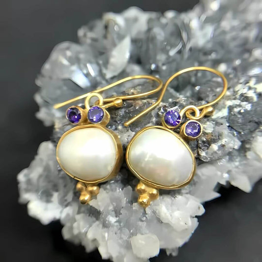 Pearl Amethyst Gold Drop Earrings - Diane Jewelry